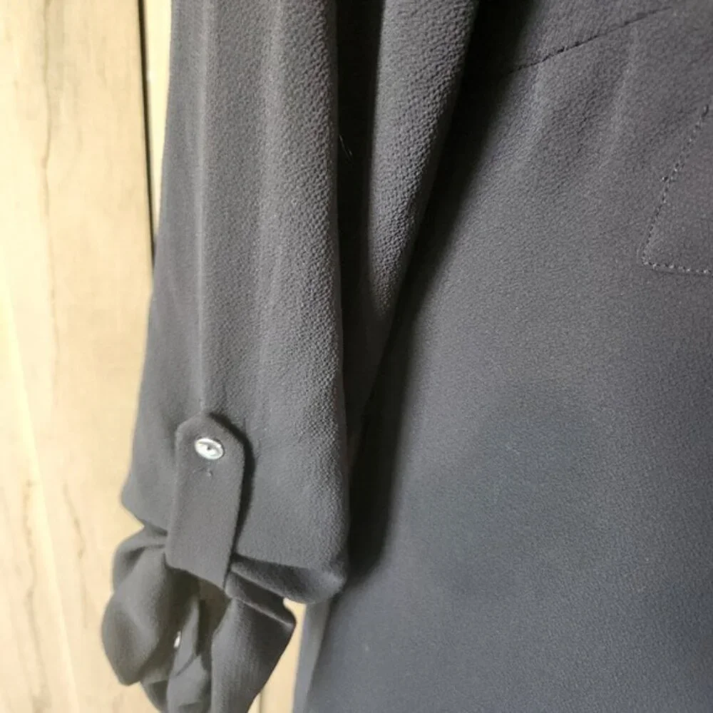 Atmosphere Black Roll Tab Sleeve Shift Dress Split‎ Neck Chest Pockets Size 6